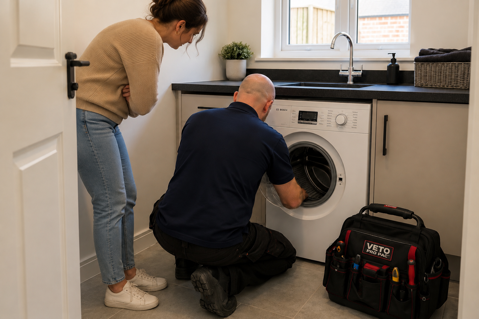 Domestic appliance engineer repairing a white washing machine in a utility room